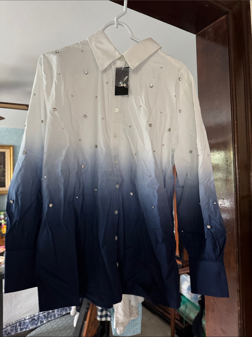 G by Giuliana White to Navy Ombre Button-Down Shirt with Crystal Accents